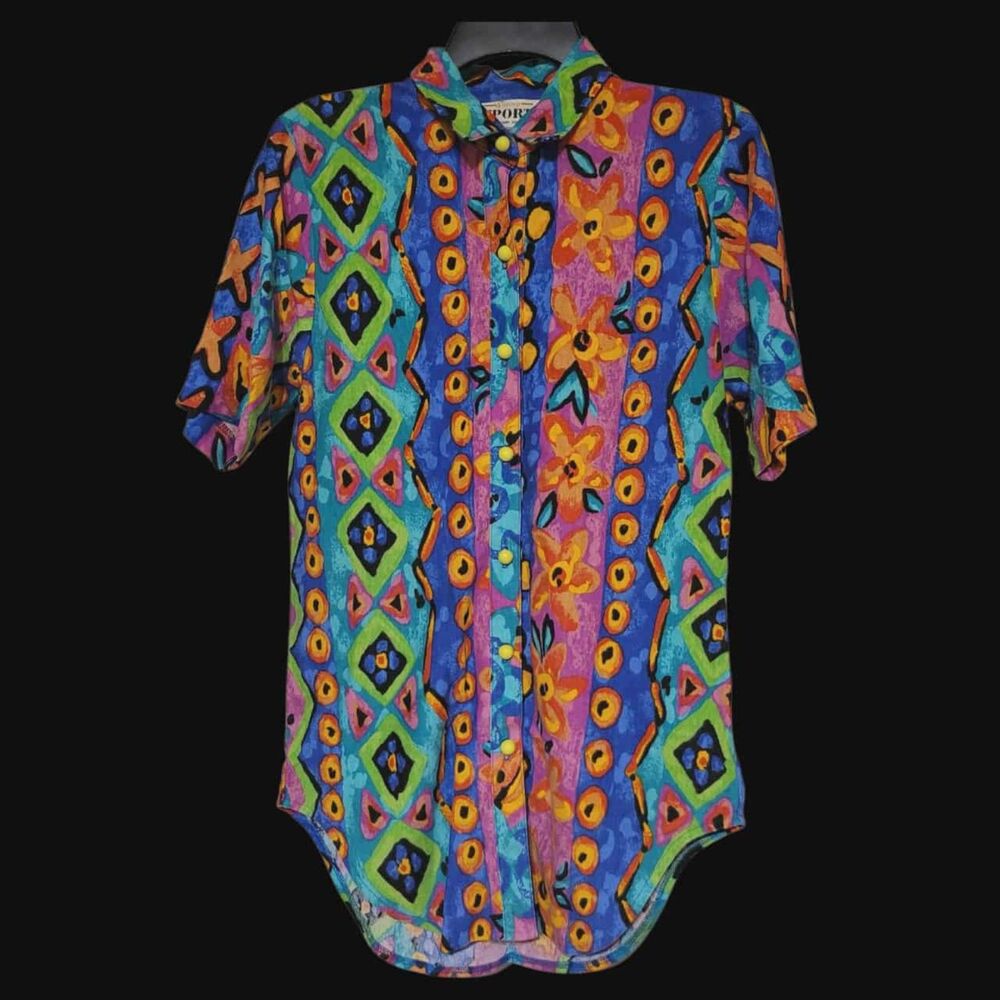 Vintage Sunny Sport by Sunny South Bright Colorful Abstract Button Shirt, Small